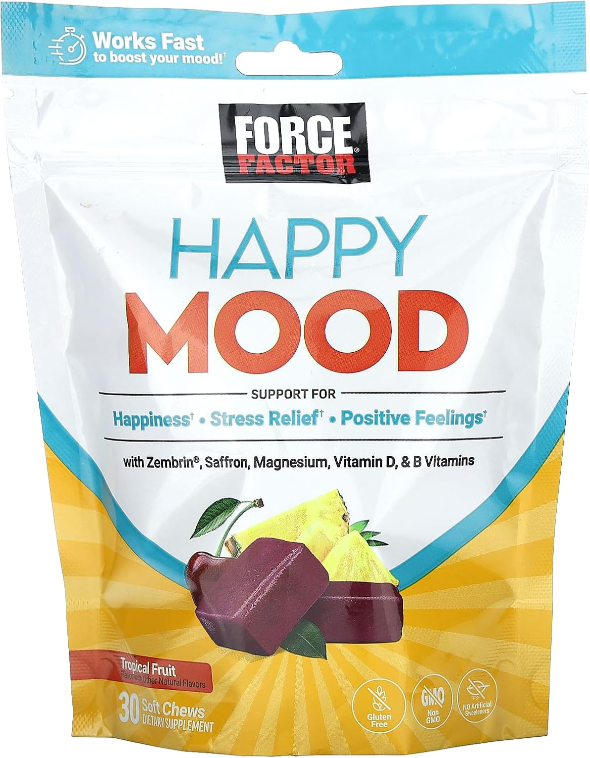 Force Factor Happy Mood - Complemento de Apoyo al Estado de Ánimo, con Magnesio, Azafrán y Zembrin®, Sabor Fruta Tropical, 30 Gominolas Suaves