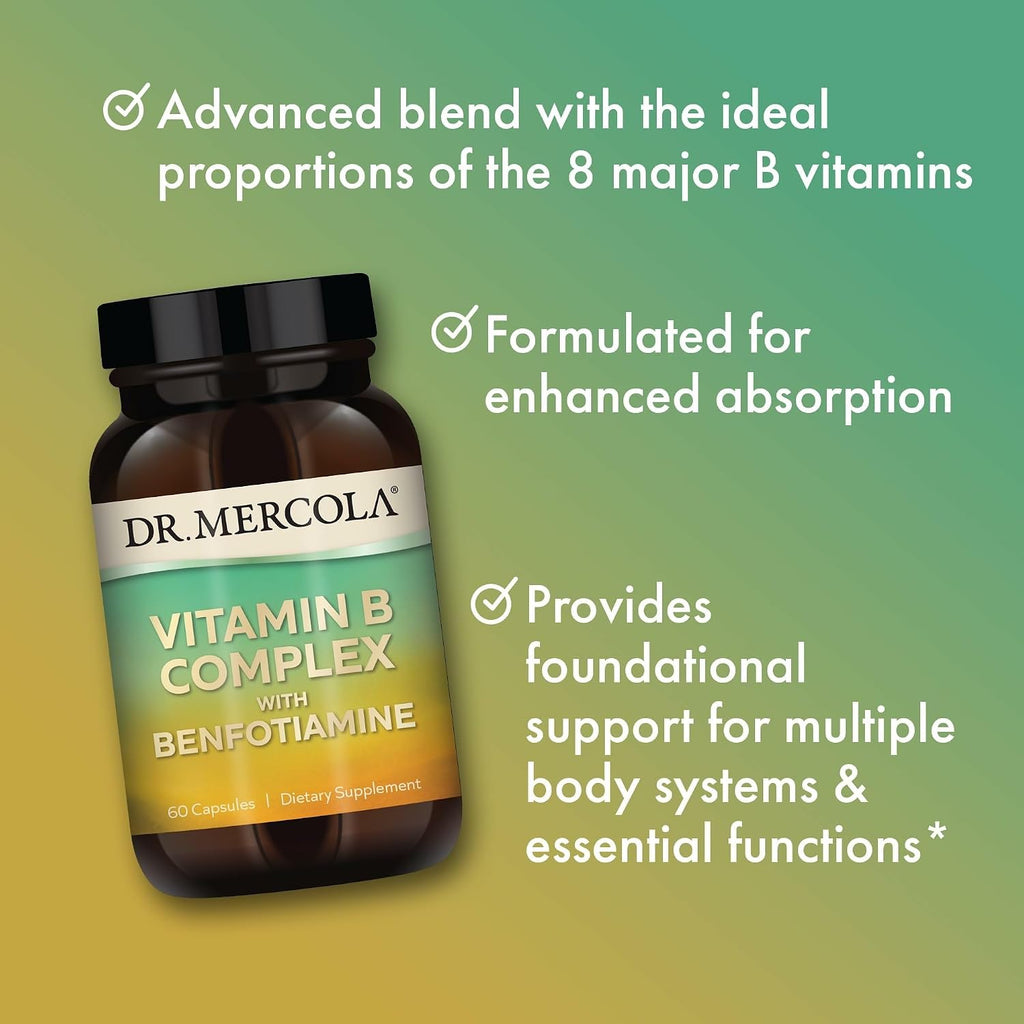 Dr. Mercola Complejo Vitamínico B con Benfotiamina - Apoya la Salud Celular, Cerebral e Inmunitaria - No OGM, Sin Gluten y Sin Soja - 60 Cápsulas (30 Dosis)