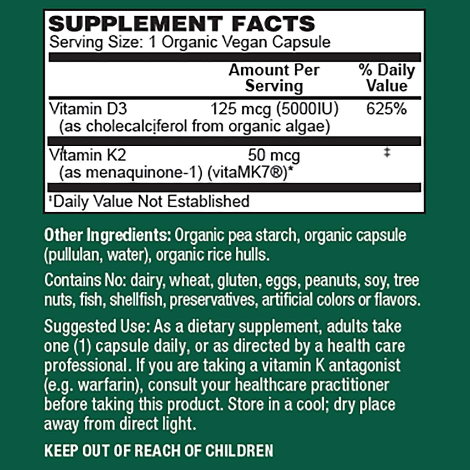 PlantFusion Organic Vegan Vitamin D3 + K2 5,000 UI, 50 mcg – 60 Cápsulas