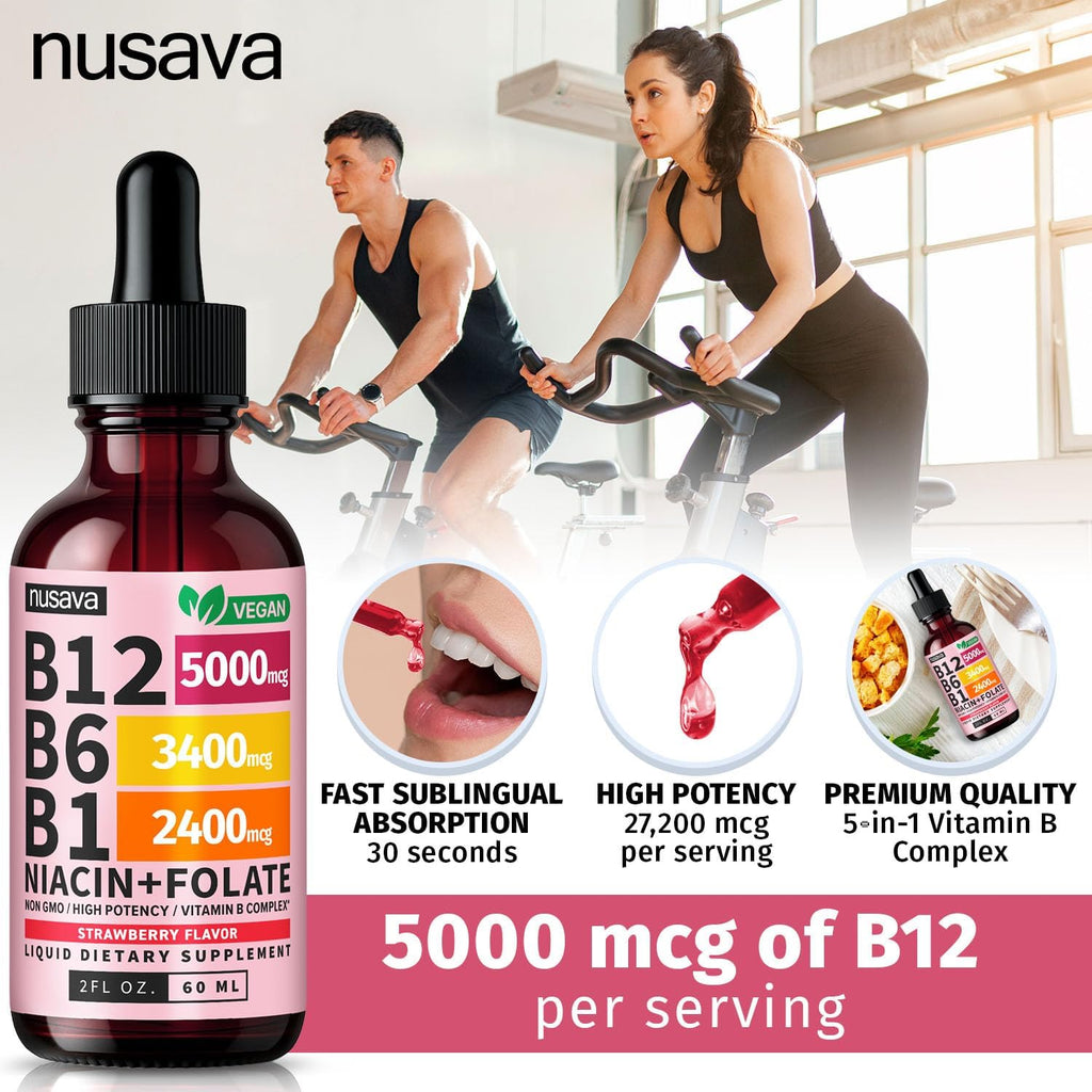 NUSAVA (4 Pack) Gotas de Vitamina B12 Líquida 5000mcg - Complejo B con B6 y B1 - Metilcobalamina - Vegano, Sin OGM, Sabor Fresa (2 oz, 160 dosis)