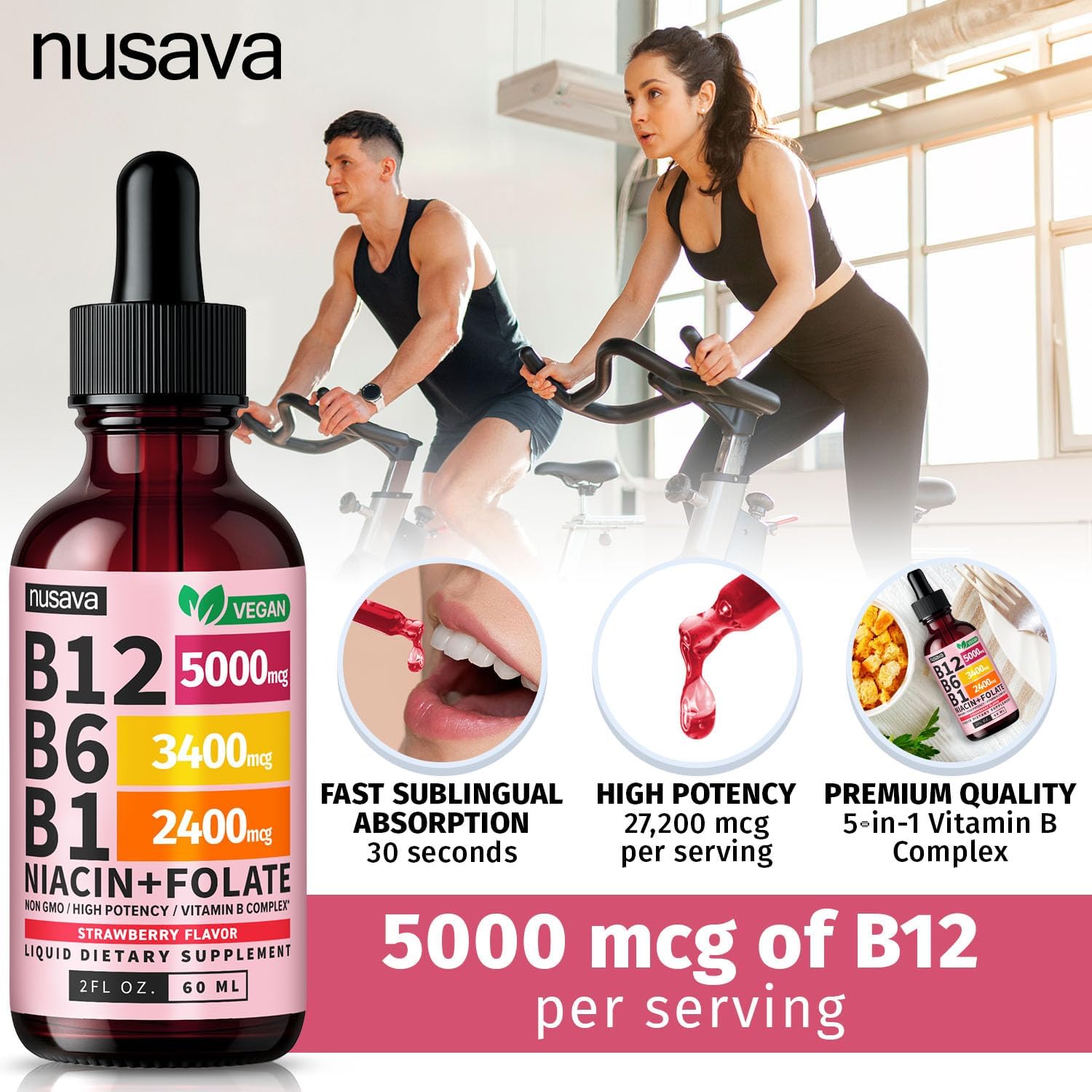 NUSAVA (4 Pack) Gotas de Vitamina B12 Líquida 5000mcg - Complejo B con B6 y B1 - Metilcobalamina - Vegano, Sin OGM, Sabor Fresa (2 oz, 160 dosis)
