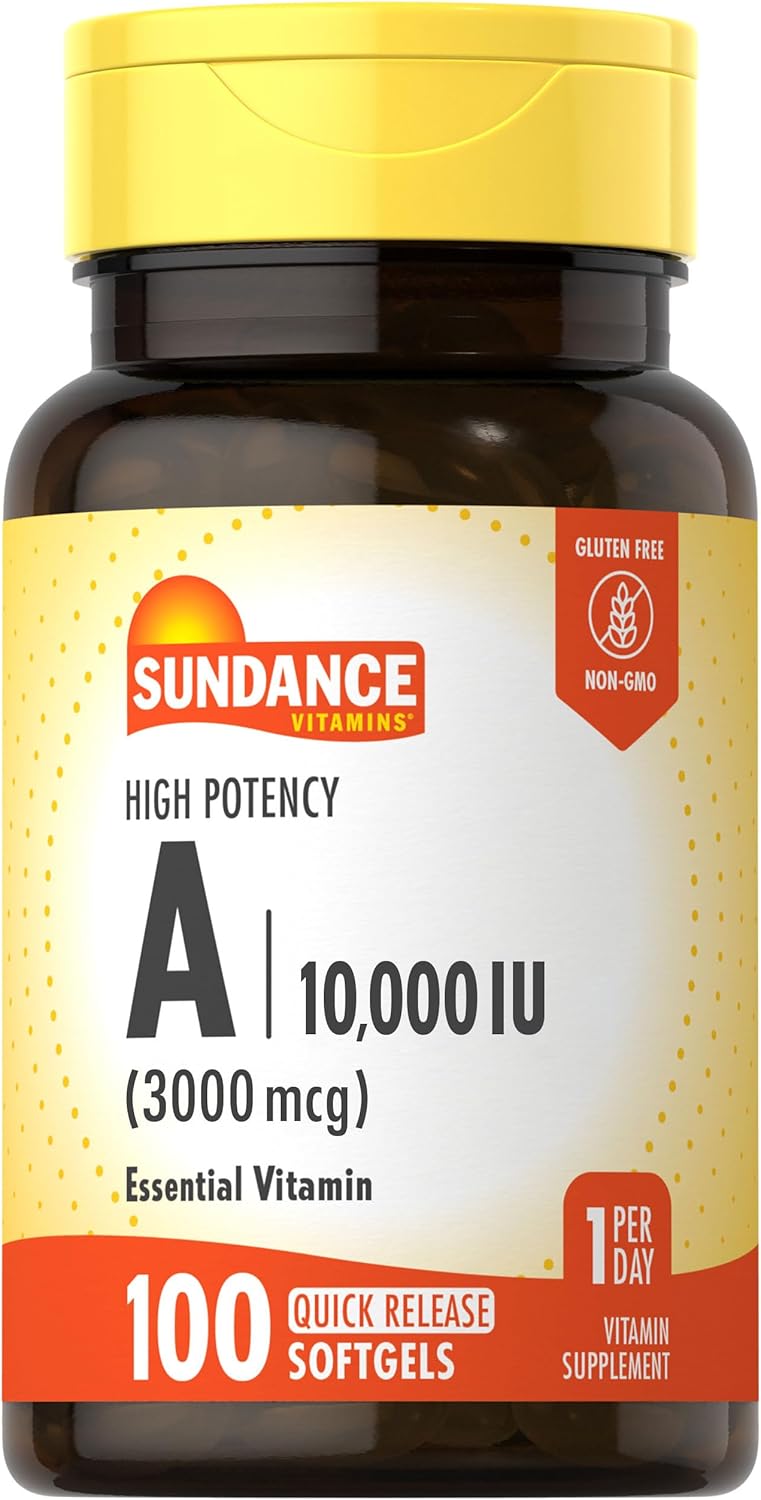 Sundance Vitamina A de Alta Potencia - 3000 mcg (10000 UI) - 100 Cápsulas Blandas - Complemento Alimenticio Esencial, No GMO y Sin Gluten