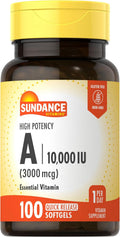 Sundance Vitamina A de Alta Potencia - 3000 mcg (10000 UI) - 100 Cápsulas Blandas - Complemento Alimenticio Esencial, No GMO y Sin Gluten