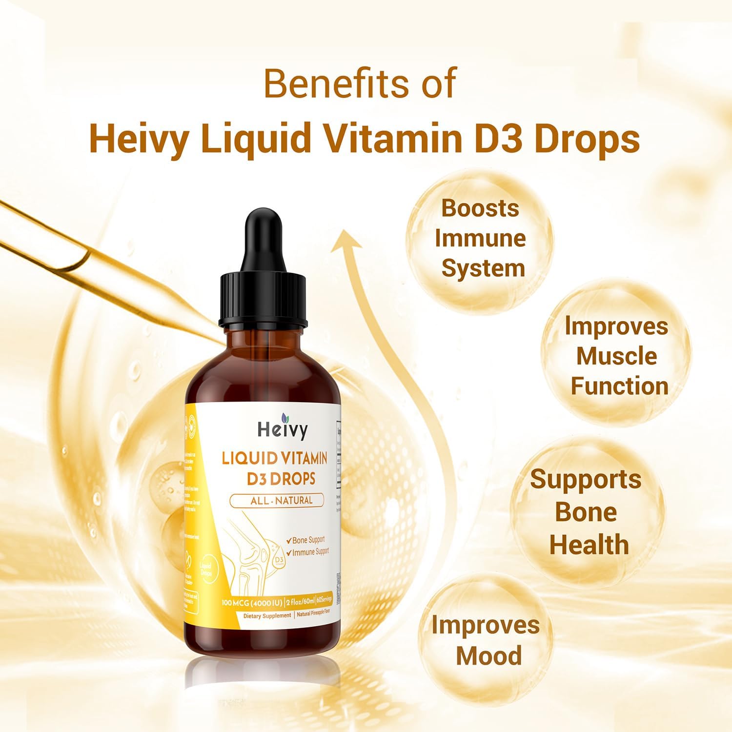 Heivy Gotas de Vitamina D3 4000 UI (100 mcg) - Líquido Vegano Sabor Piña para la Salud Ósea e Inmune, 60 Dosis (60ml)