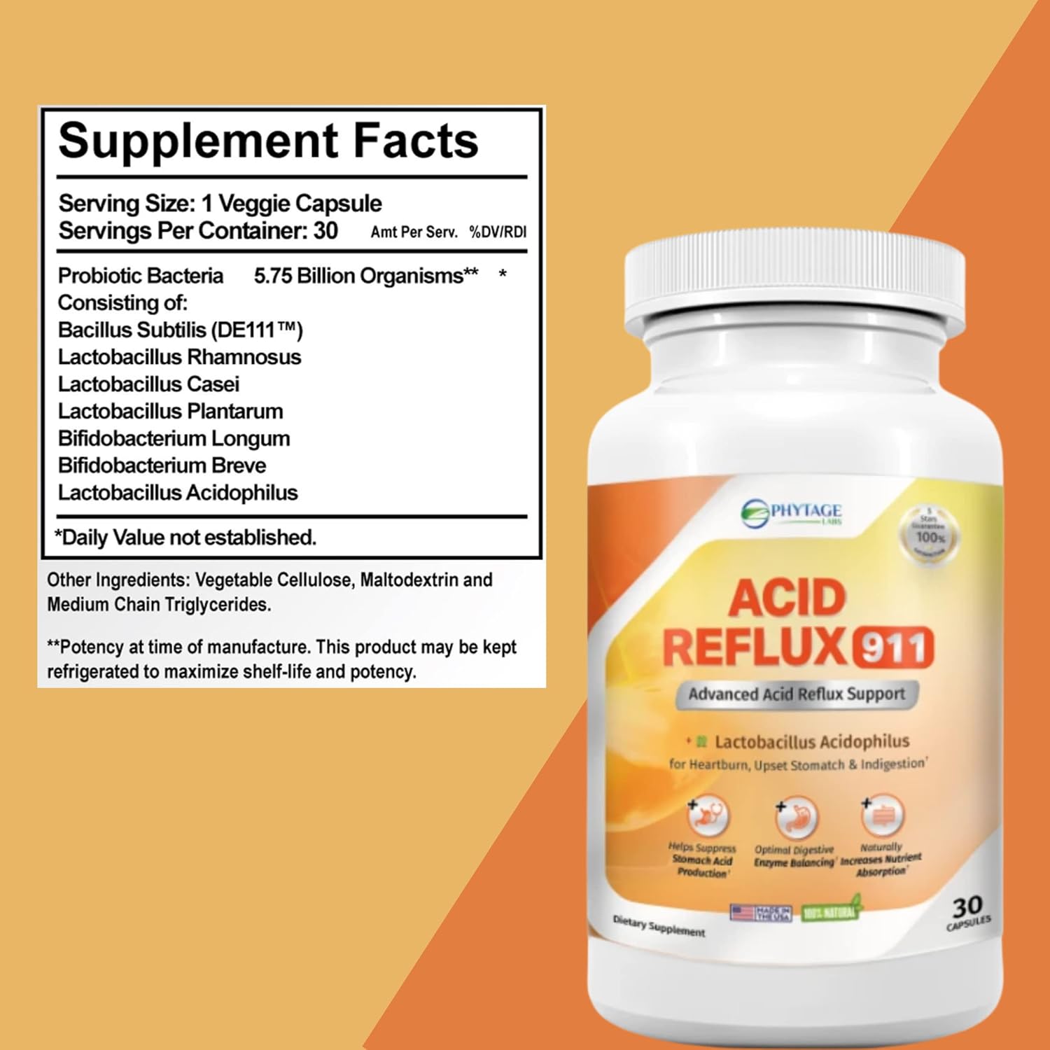 Natural Acid Reflux 911 - Complemento para Aliviar el Ardor de Estómago y la Acidez - 30 Cápsulas