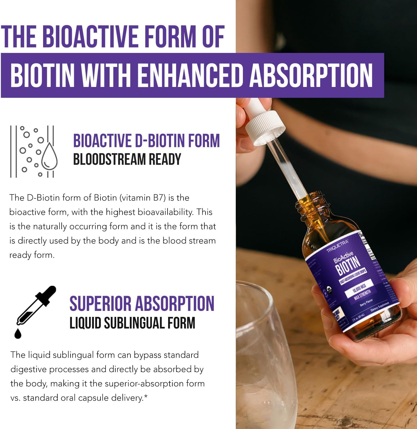 Biotina Líquida 10.000 mcg – Gotas Sublinguales – Sabor Natural a Bayas – 180 Servicios (59 ml)