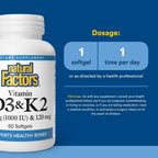 Natural Factors Vitamina D3 y K2 1000 UI + 120 mcg, 60 Cápsulas Blandas