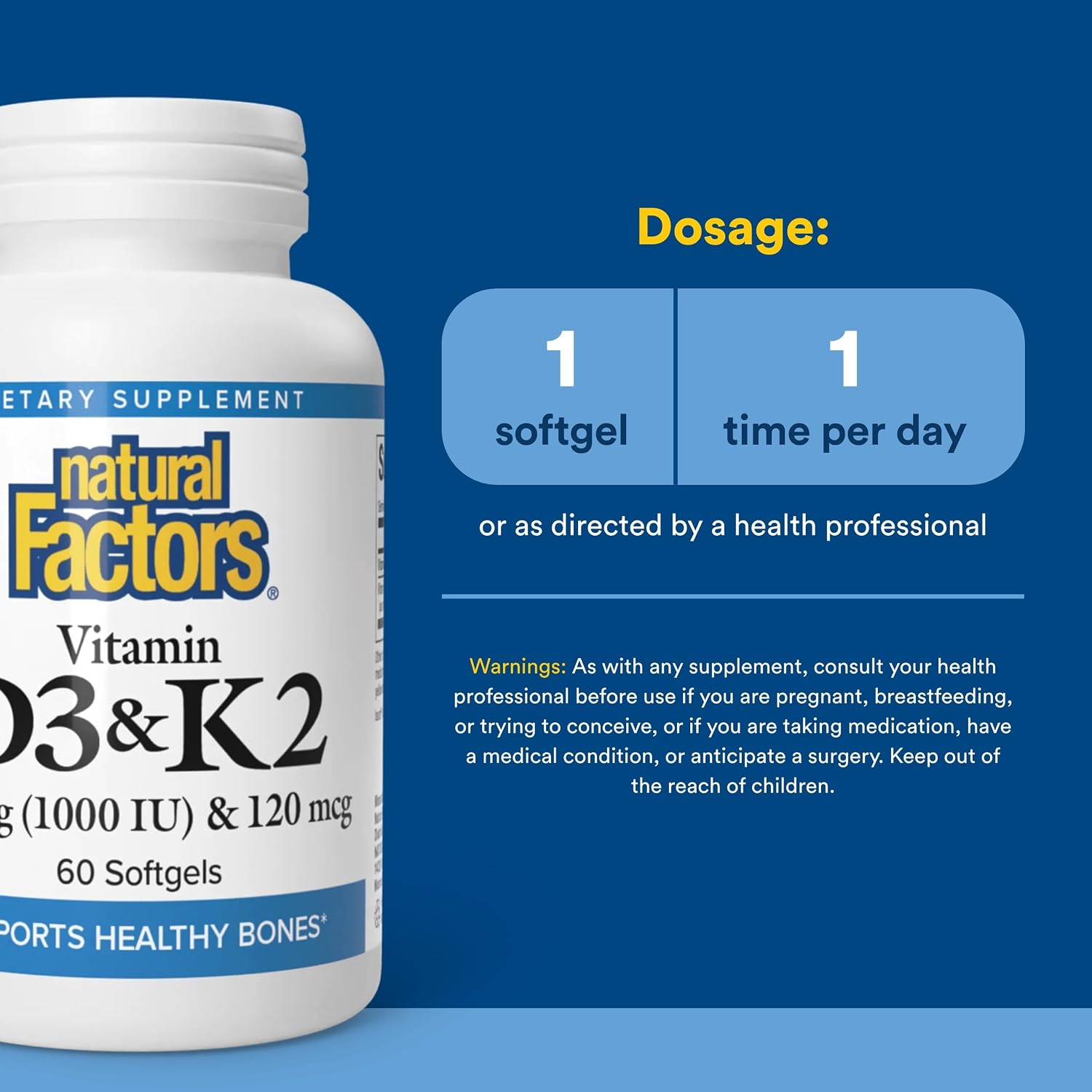 Natural Factors Vitamina D3 y K2 1000 UI + 120 mcg, 60 Cápsulas Blandas