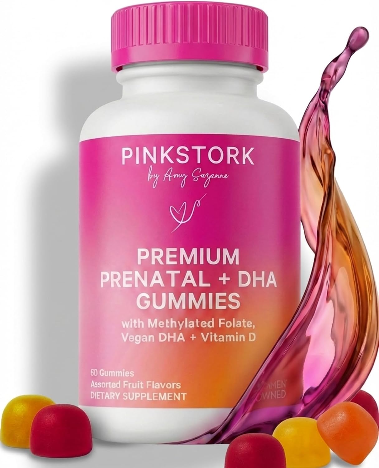 Pink Stork Premium Prenatal Gummy – Gominolas prenatales veganas con DHA de algas y folato metilado (60 unidades, 30 días)
