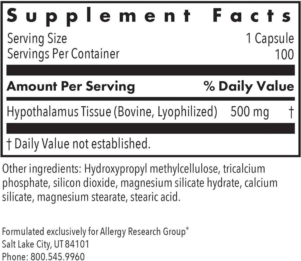 Allergy Research Group ARG Hypothalamus - Suplemento Glandular de Hipotálamo Bovino Liofilizado, 500 mg, 100 Cápsulas