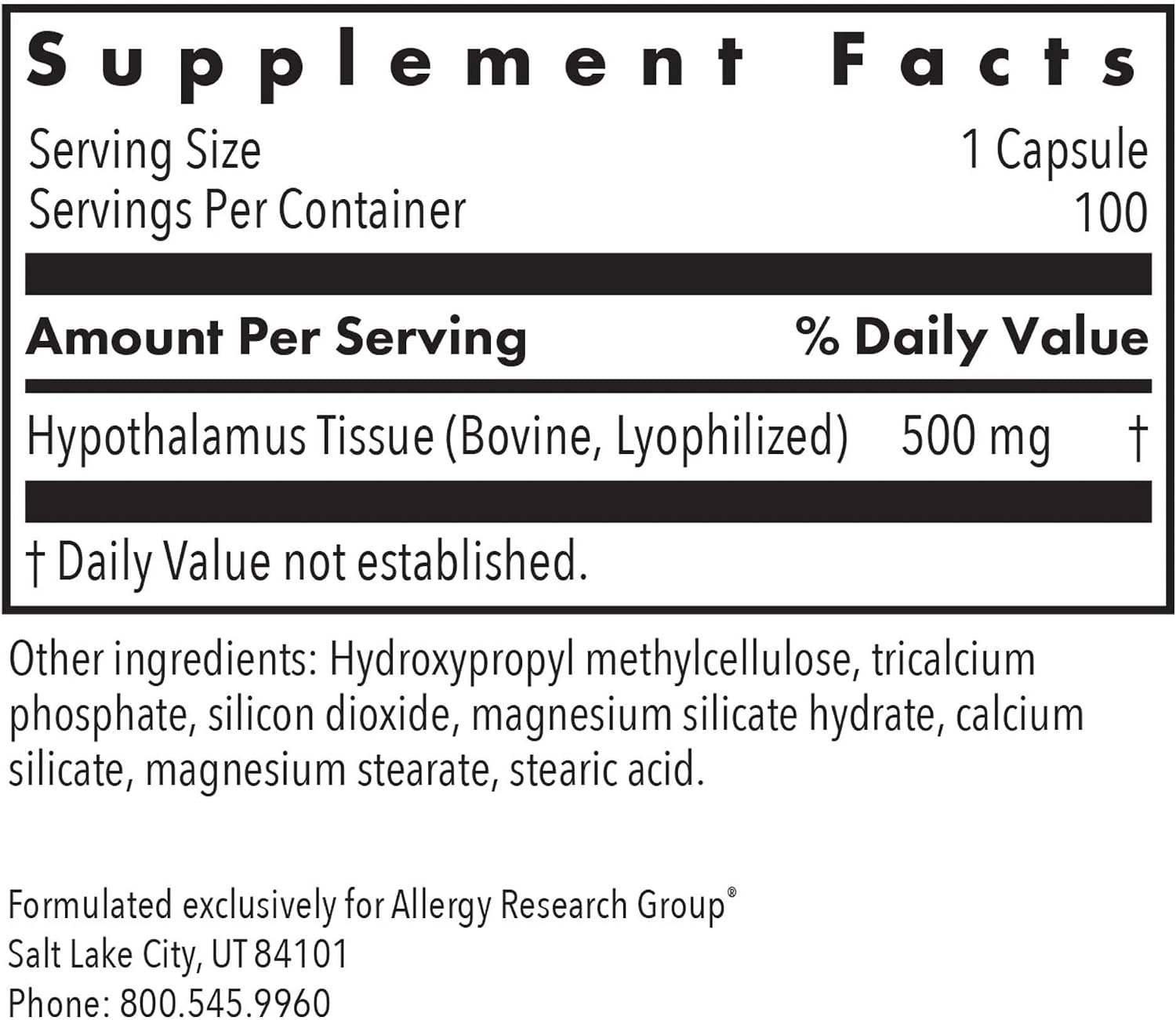 Allergy Research Group ARG Hypothalamus - Suplemento Glandular de Hipotálamo Bovino Liofilizado, 500 mg, 100 Cápsulas