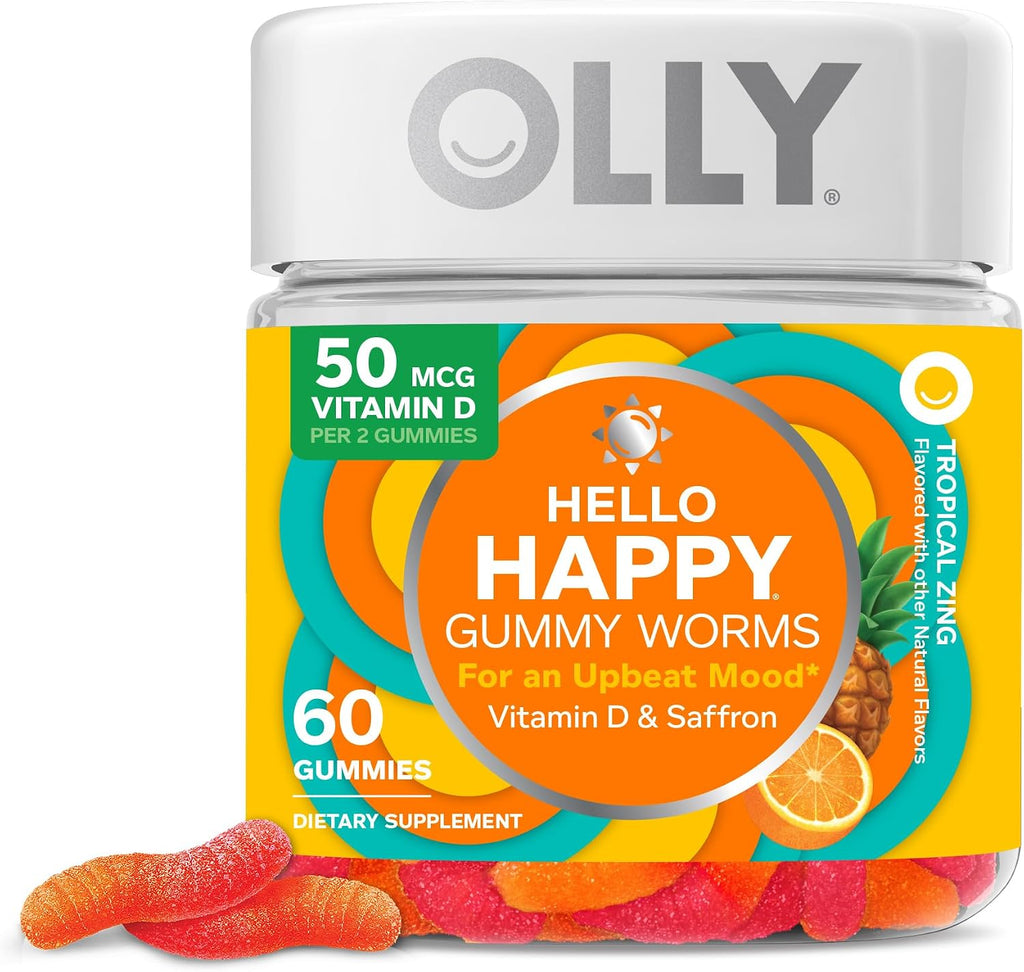 OLLY Hello Happy Gummy Worms - Gomitas de Apoyo al Ánimo con Extracto de Azafrán y Vitamina D, Sabor Tropical Zing, 60 unidades