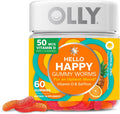 OLLY Hello Happy Gummy Worms - Gomitas de Apoyo al Ánimo con Extracto de Azafrán y Vitamina D, Sabor Tropical Zing, 60 unidades