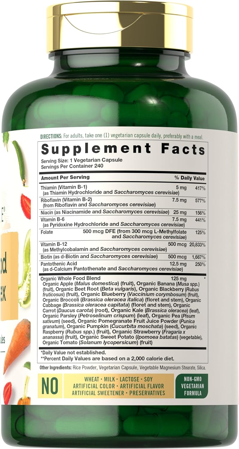 Carlyle Complejo B con Mezcla de Alimentos Integrales | 240 Cápsulas | con B1, B2, B6, B12, Biotina, Niacina y Metilfolato | Suplemento Vegetariano, No GMO y Sin Gluten