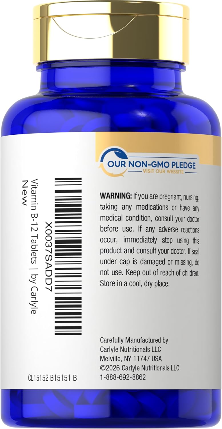 Carlyle Vitamina B12 5000 mcg Sublingual - 250 Comprimidos de Disolución Rápida, Sabor Natural a Bayas, Vegano y Sin Gluten