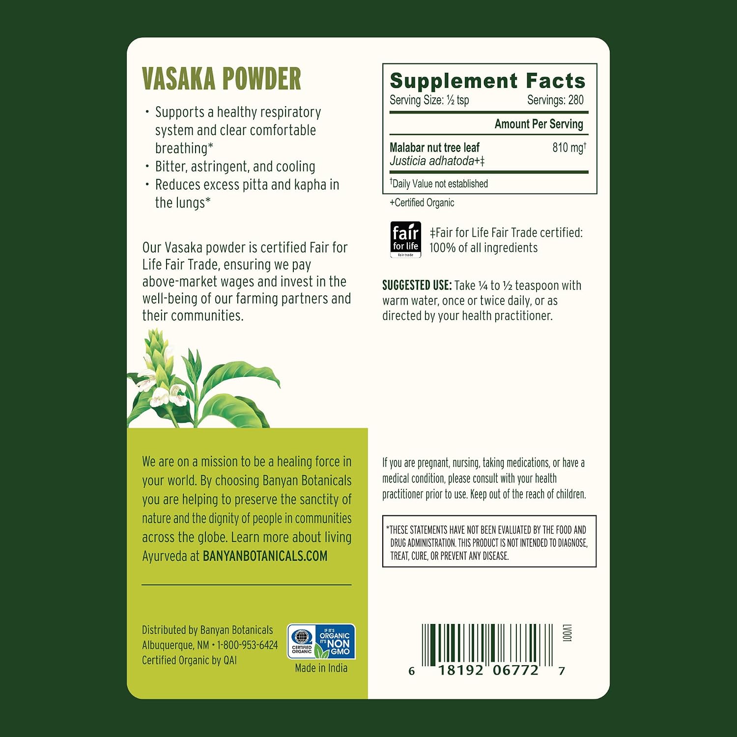 Banyan Botanicals Polvo de Vasaka - Orgánico Certificado, 227 g (1/2 libra)