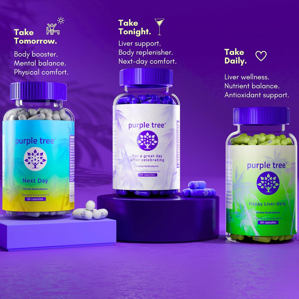 Purple Tree Next Day – Suplemento Post-Fiesta con Ashwagandha KSM-66, Cardo Mariano, Vitaminas y Minerales | 90 Cápsulas