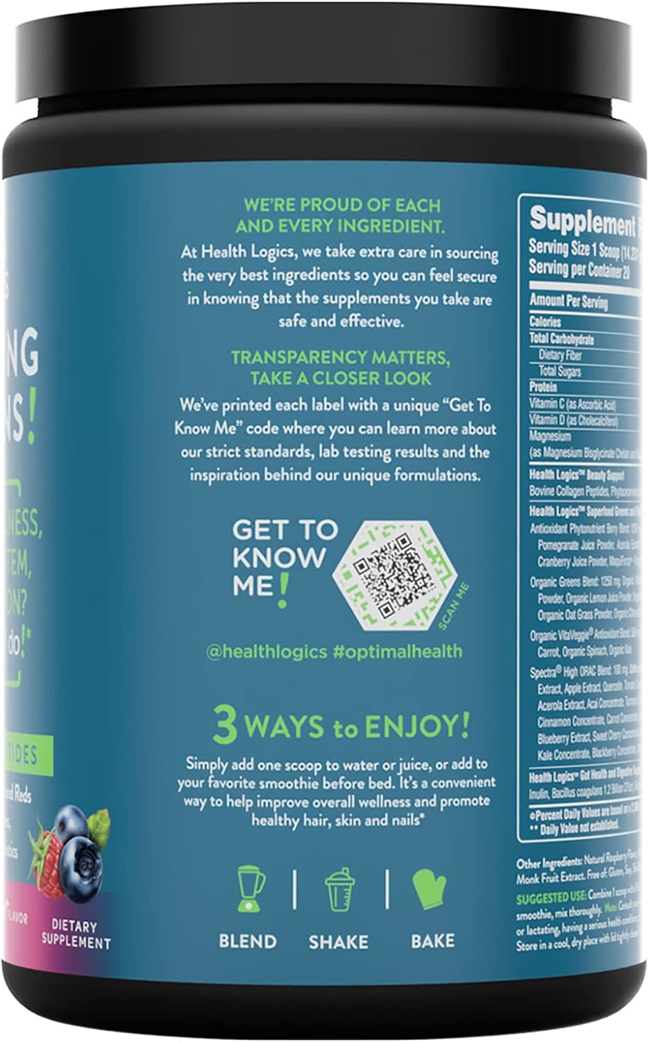Health Logics Glowing Greens Superfood Powder with Collagen Peptides – Berry Blast