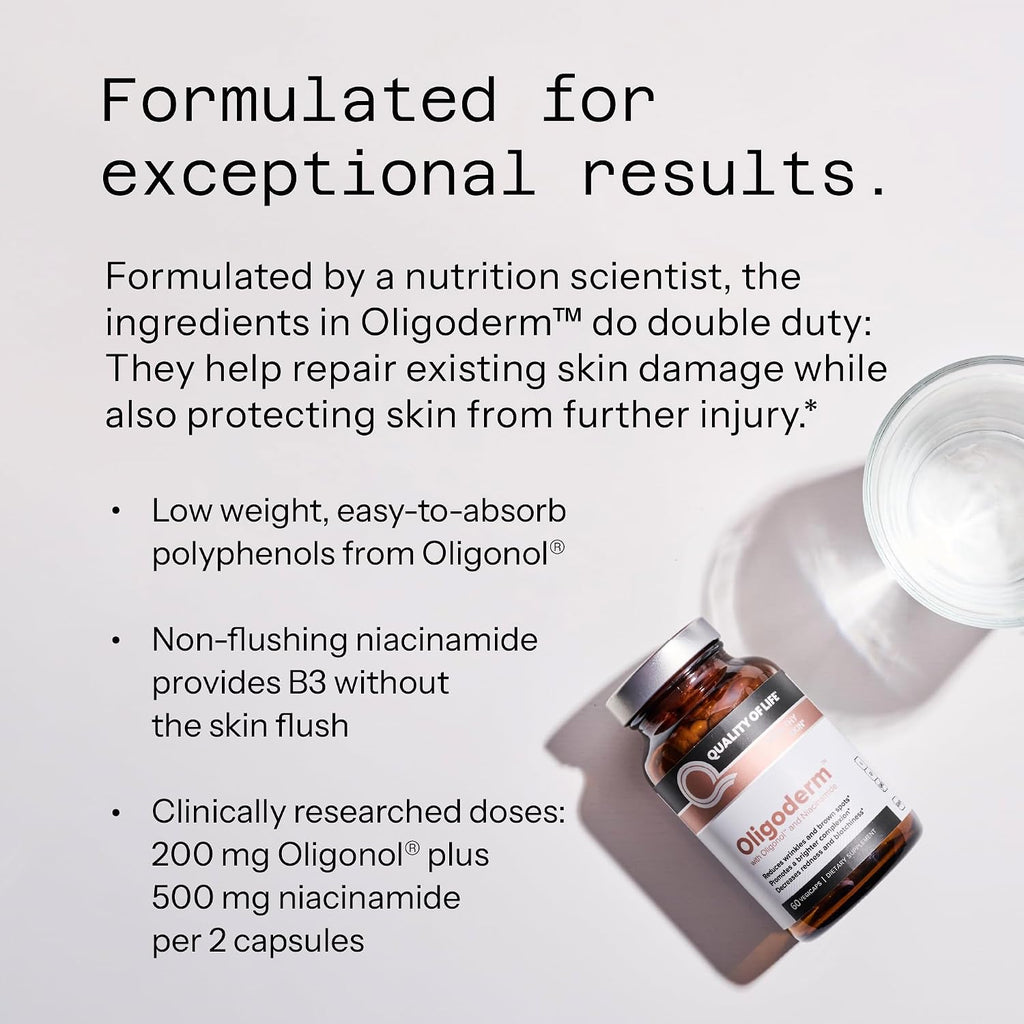 Quality of Life Oligoderm, Suplemento premium para el cuidado de la piel con Oligonol y Niacinamida - 60 cápsulas