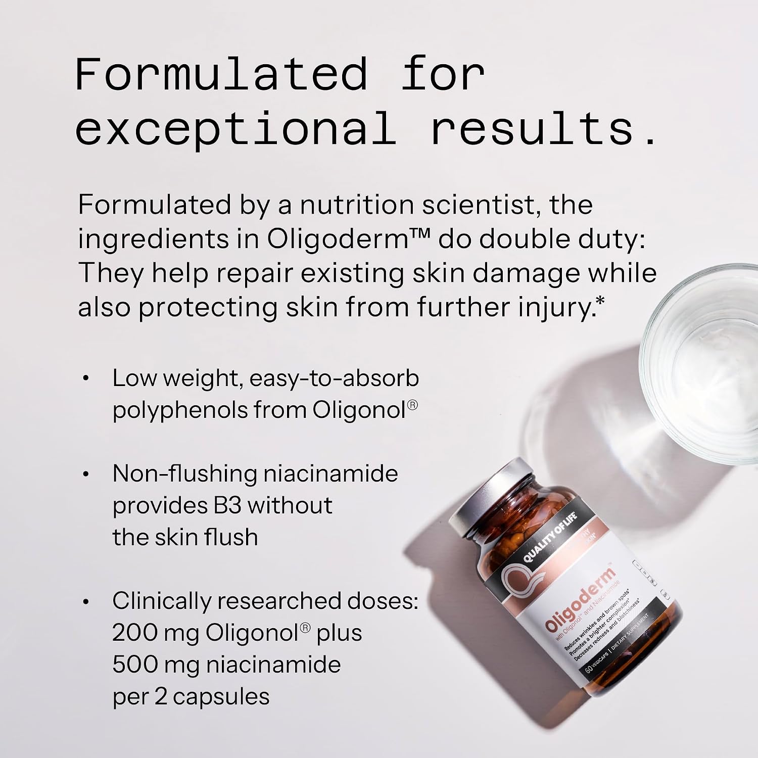 Quality of Life Oligoderm, Suplemento premium para el cuidado de la piel con Oligonol y Niacinamida - 60 cápsulas