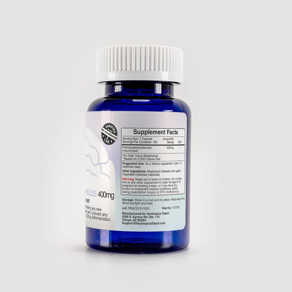 Nootropics Depot Palmitoiletanolamida (PEA) 400mg Cápsulas - Apoyo Articular, Nervioso e Inmune - 180 Cápsulas