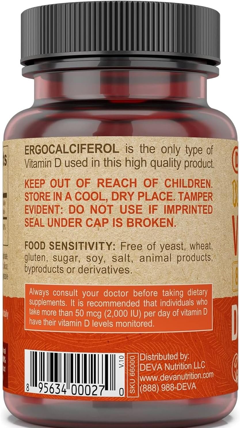 Deva Vitamina D2 800 UI – Complemento Vegano de Ergocalciferol, 90 Comprimidos de Disolución Rápida