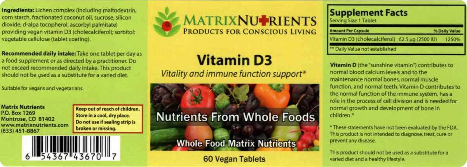 Matrix Nutrients Vitamina D3 1000 UI (62.5 mcg) - 60 Comprimidos Veganos