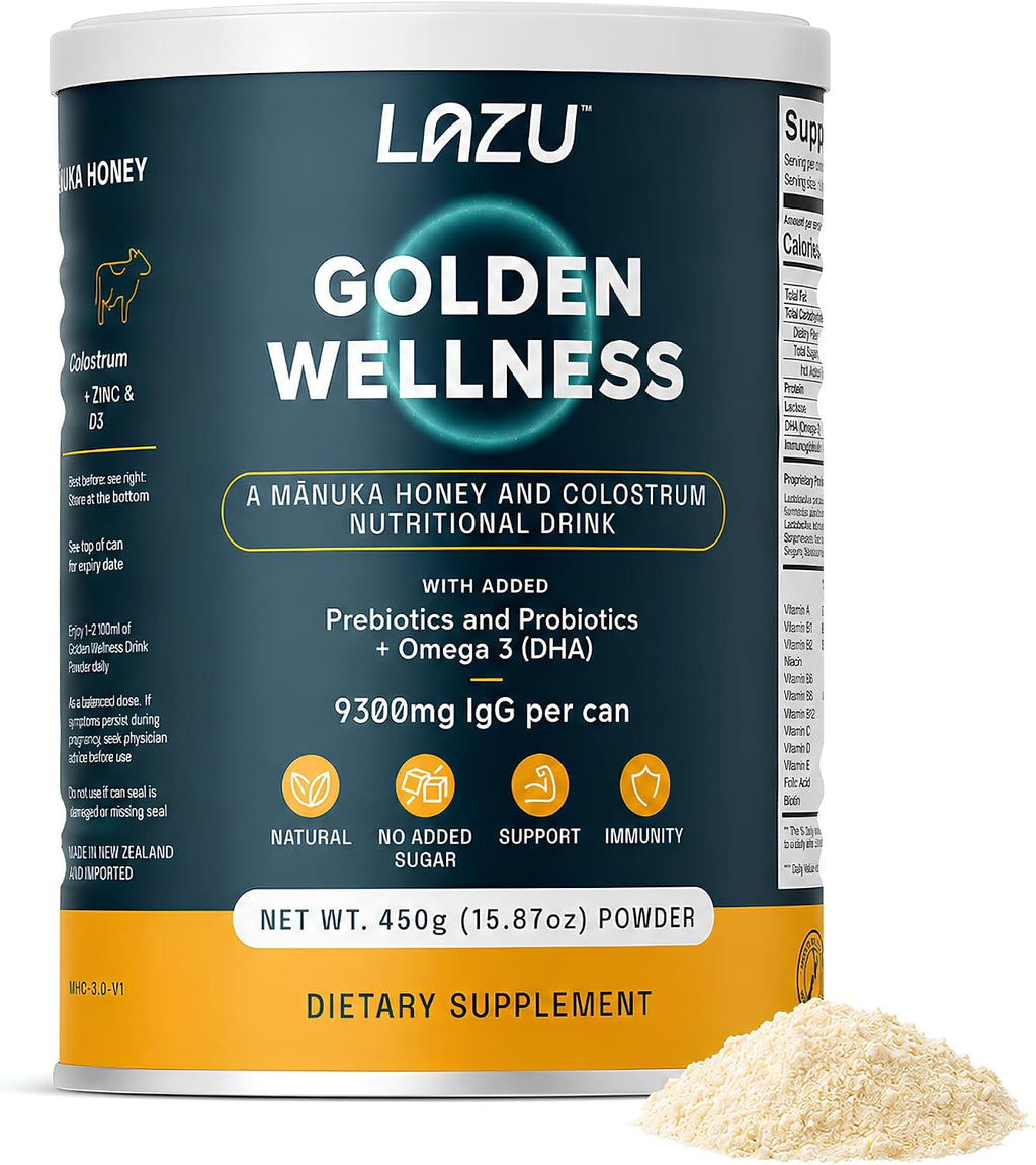 Lazu Golden Wellness Colostro Bovino con Miel de Manuka, Probióticos y Omega-3 - 450g