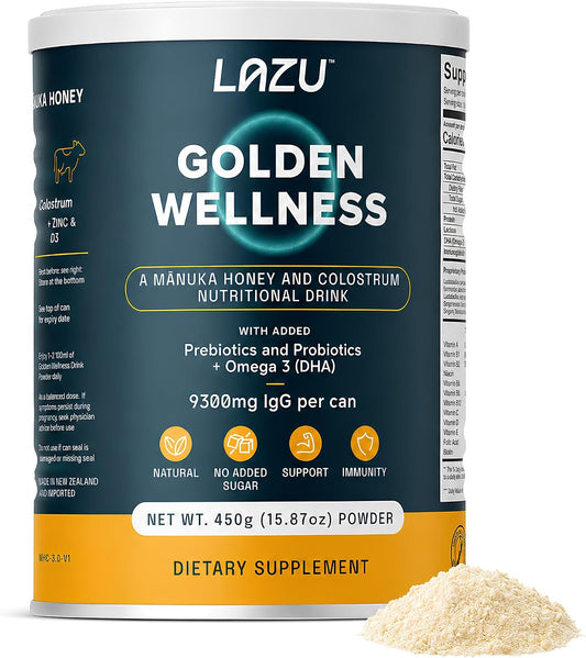 Lazu Golden Wellness Colostro Bovino con Miel de Manuka, Probióticos y Omega-3 - 450g