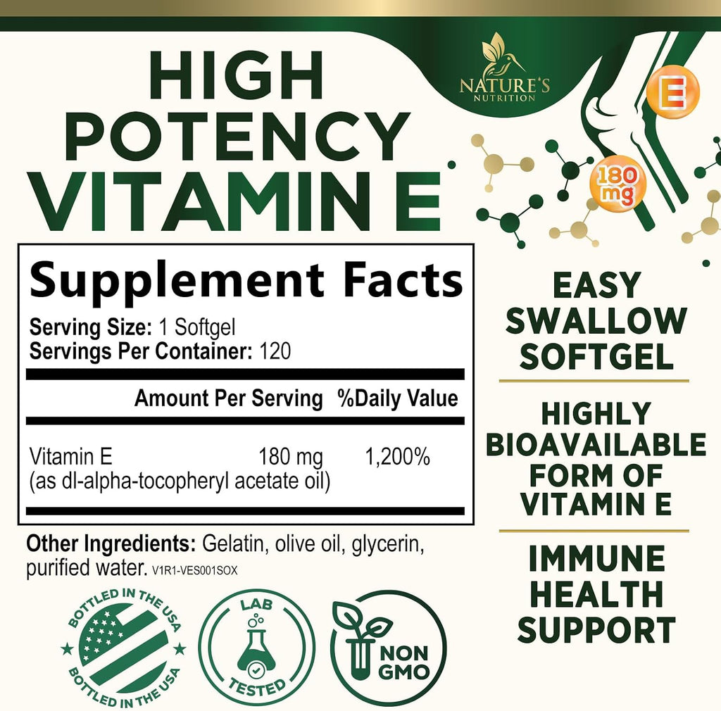 Vitamina E 180mg con dl-Alfa Tocoferol - Suplemento Antioxidante para la Piel, Corazón y Sistema Inmunitario - 120 Cápsulas Blandas