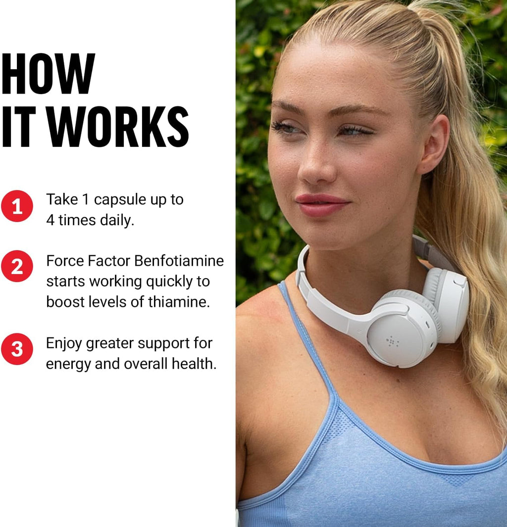 Force Factor Benfotiamina Plus Tiamina, Vitamina B1 Liposoluble de Alta Absorción, No GMO, Vegano, 90 Cápsulas Vegetales