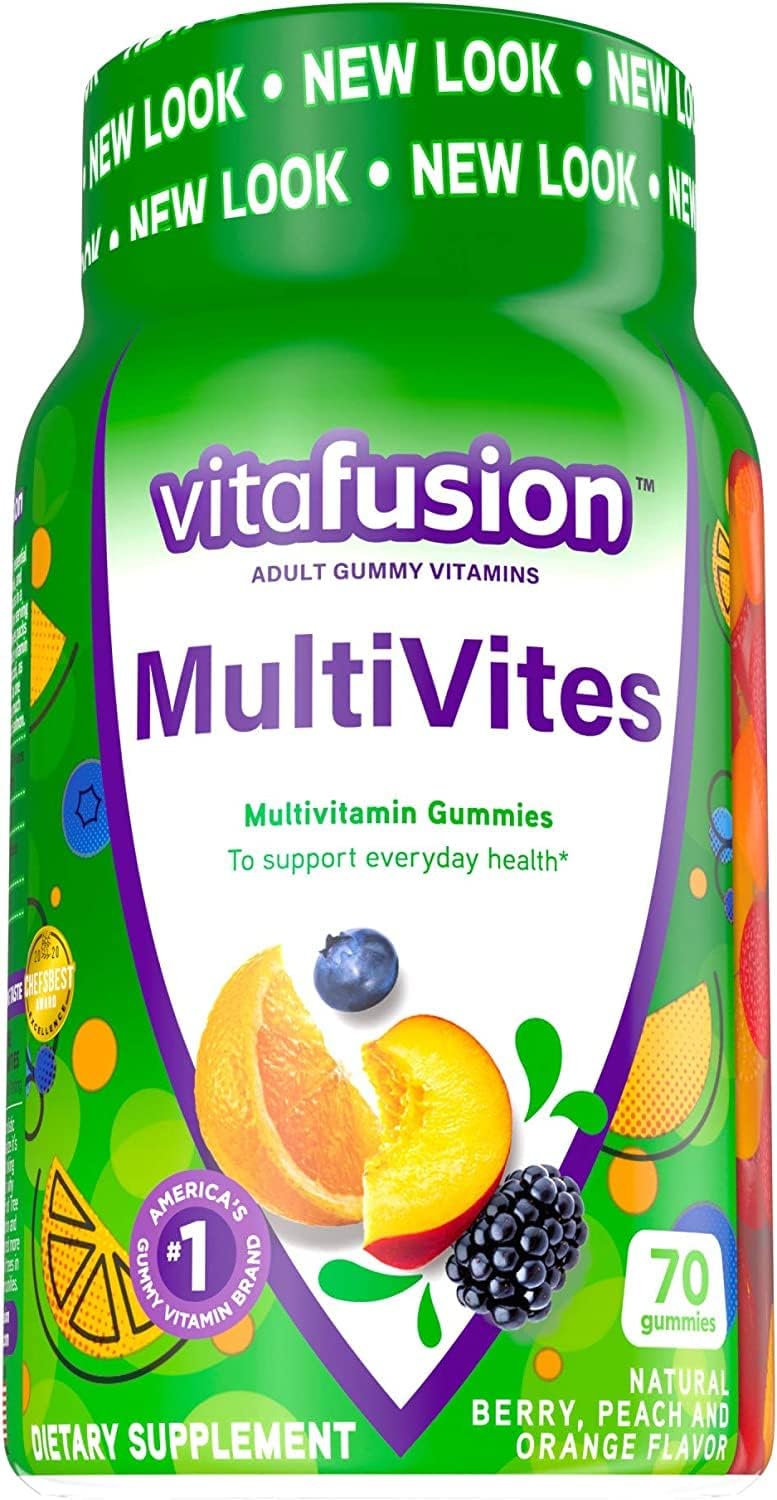 Vitafusion MultiVites Gominolas Multivitamínicas para Adultos, Sabores Berry, Melocotón y Naranja - 70 gominolas, Pack de 2