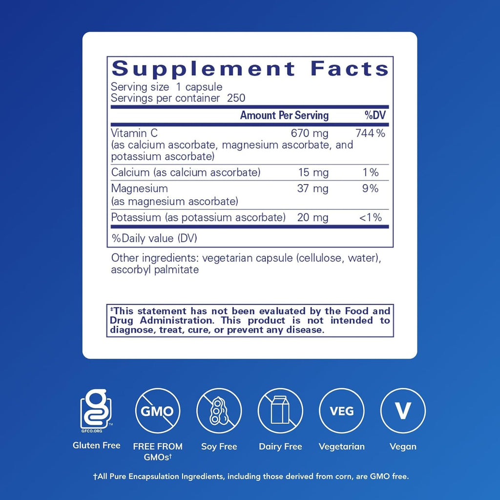 Pure Encapsulations Ácido Ascórbico Amortiguado Cápsulas | Vitamina C para personas sensibles | 250 Cápsulas