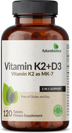 Futurebiotics Vitamina K2 con D3, 2 en 1, 5000 UI Vitamina D3 y 90 mcg Vitamina K2 MK-7, 120 Comprimidos