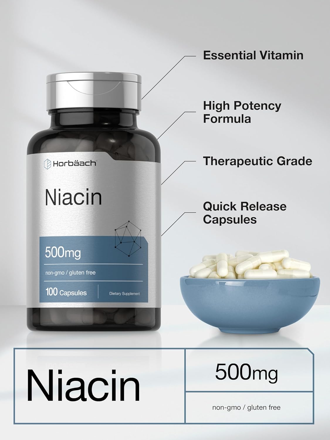 Horbäach Niacina | Vitamina B3 500mg | 100 Cápsulas | Con Flush | No OGM y Sin Gluten