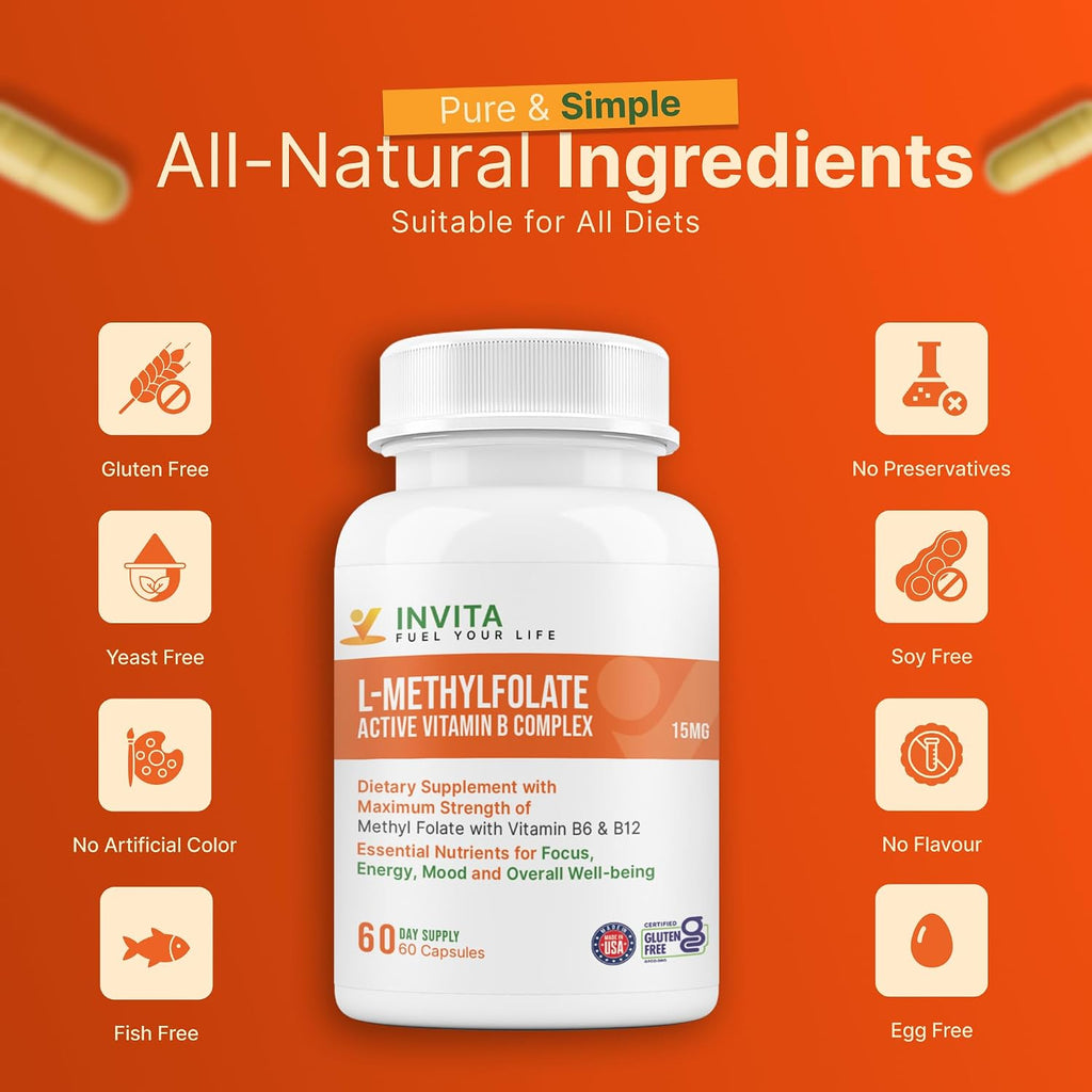 INVITA L-Metilfolato 15mg + Complejo B Activo – 60 Cápsulas – Suplemento con B6 y B12 Metilcobalamina