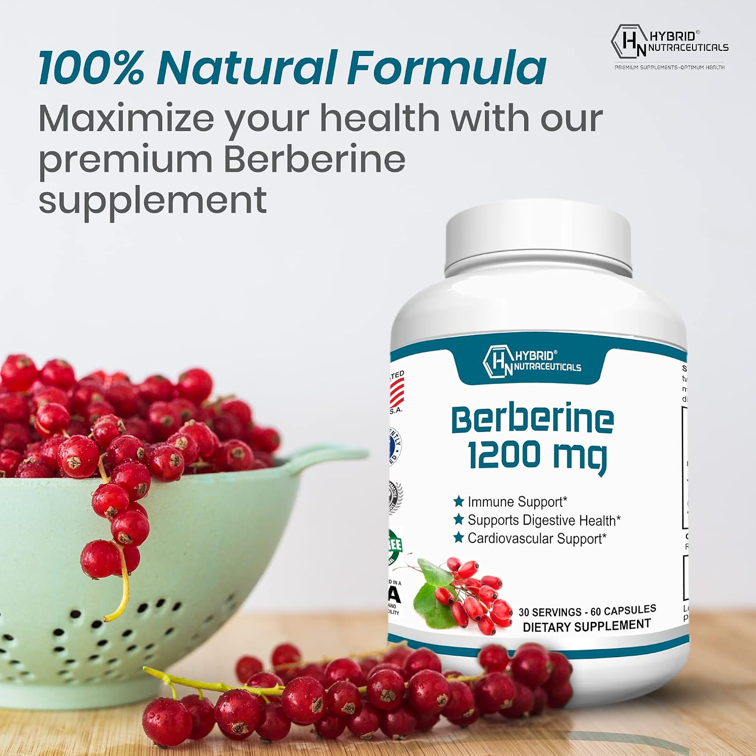 Berberina 1200mg – Fórmula Concentrada de Berberina HCl – 60 Cápsulas – Hybrid Nutraceuticals