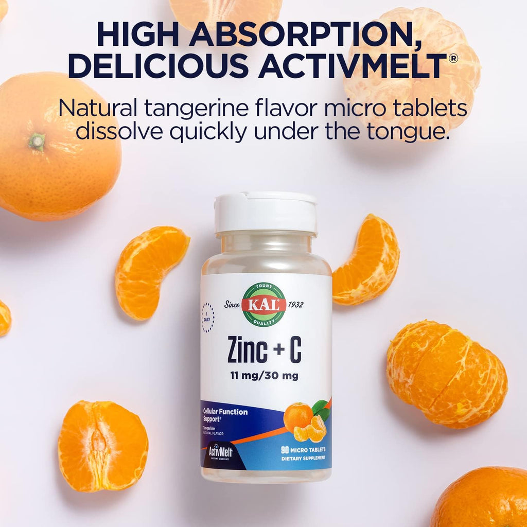 KAL Zinc Plus C – Vitamina C y Zinc de disolución instantánea, 90 comprimidos sabor mandarina