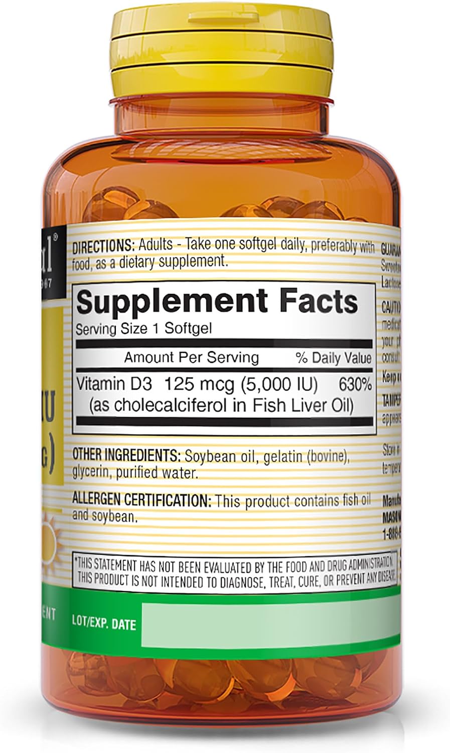 Mason Natural Vitamina D3 125 mcg (5000 UI) - 100 Cápsulas Blandas