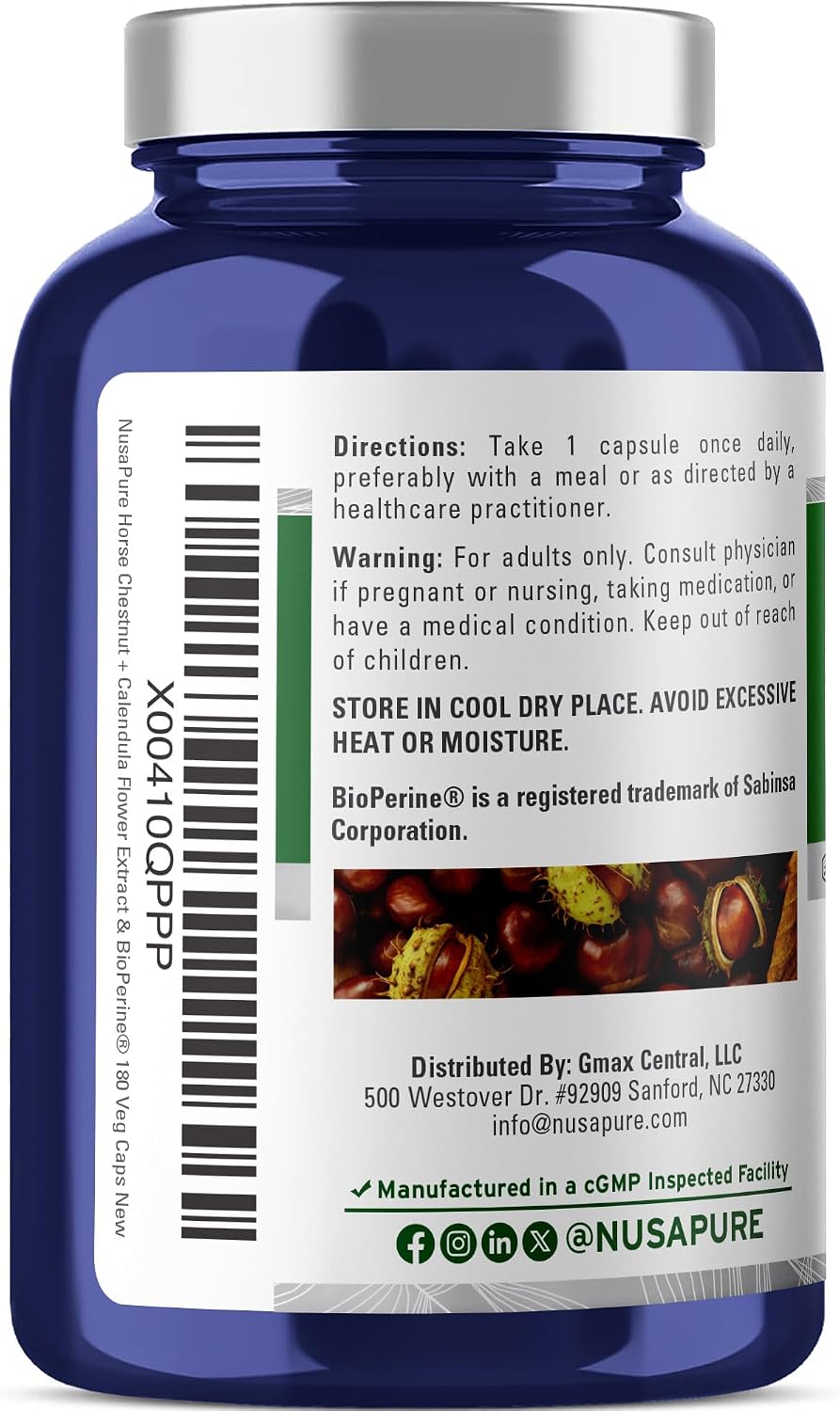 NusaPure Cápsulas de Castaño de Indias, 300 mg, 180 Cápsulas Veganas (No Transgénico, Vegano)