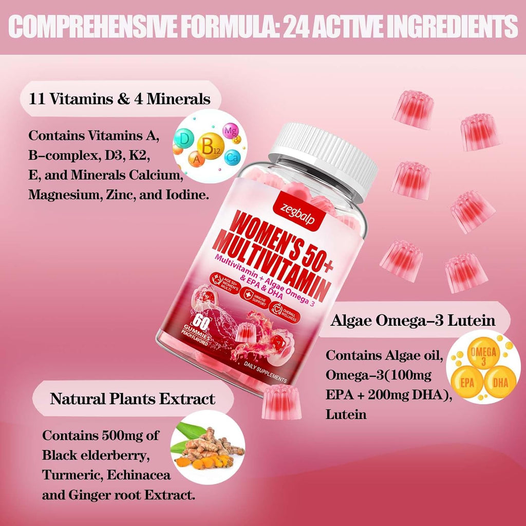 ZEGBALP Multivitamínico para Mujeres 50+ sin Azúcar - Gominolas con 24 Vitaminas y Minerales, Omega-3, DHA, EPA, Luteína