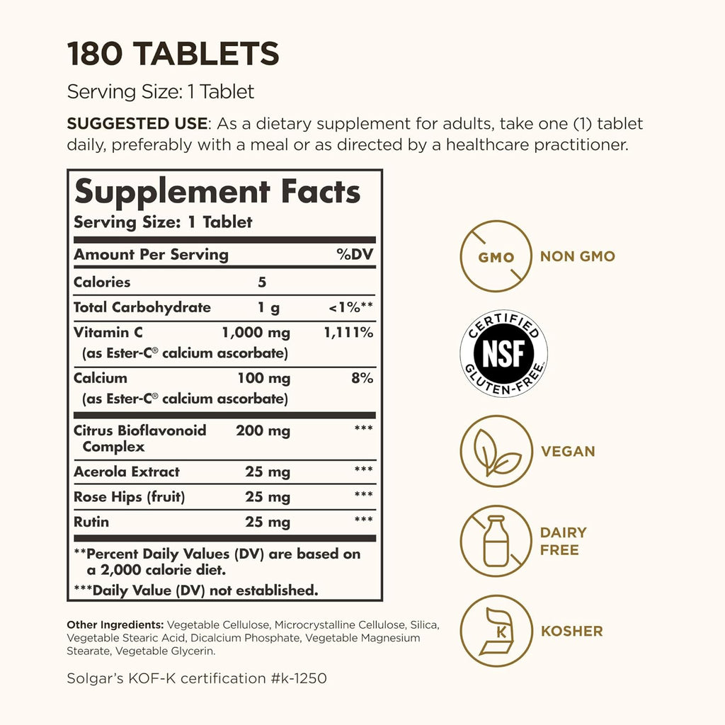 Solgar Ester-C Plus 1000 mg Vitamina C (Complejo Ascorbato) - 180 Comprimidos - Suave y No Ácido - Sin Gluten - No-GMO