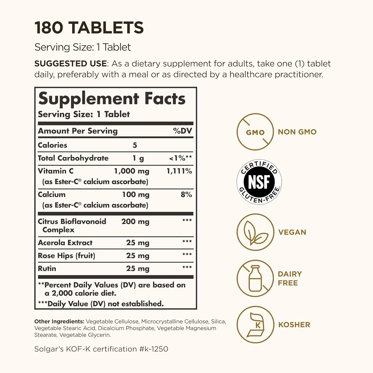 Solgar Ester-C Plus 1000 mg Vitamina C (Complejo Ascorbato) - 180 Comprimidos - Suave y No Ácido - Sin Gluten - No-GMO