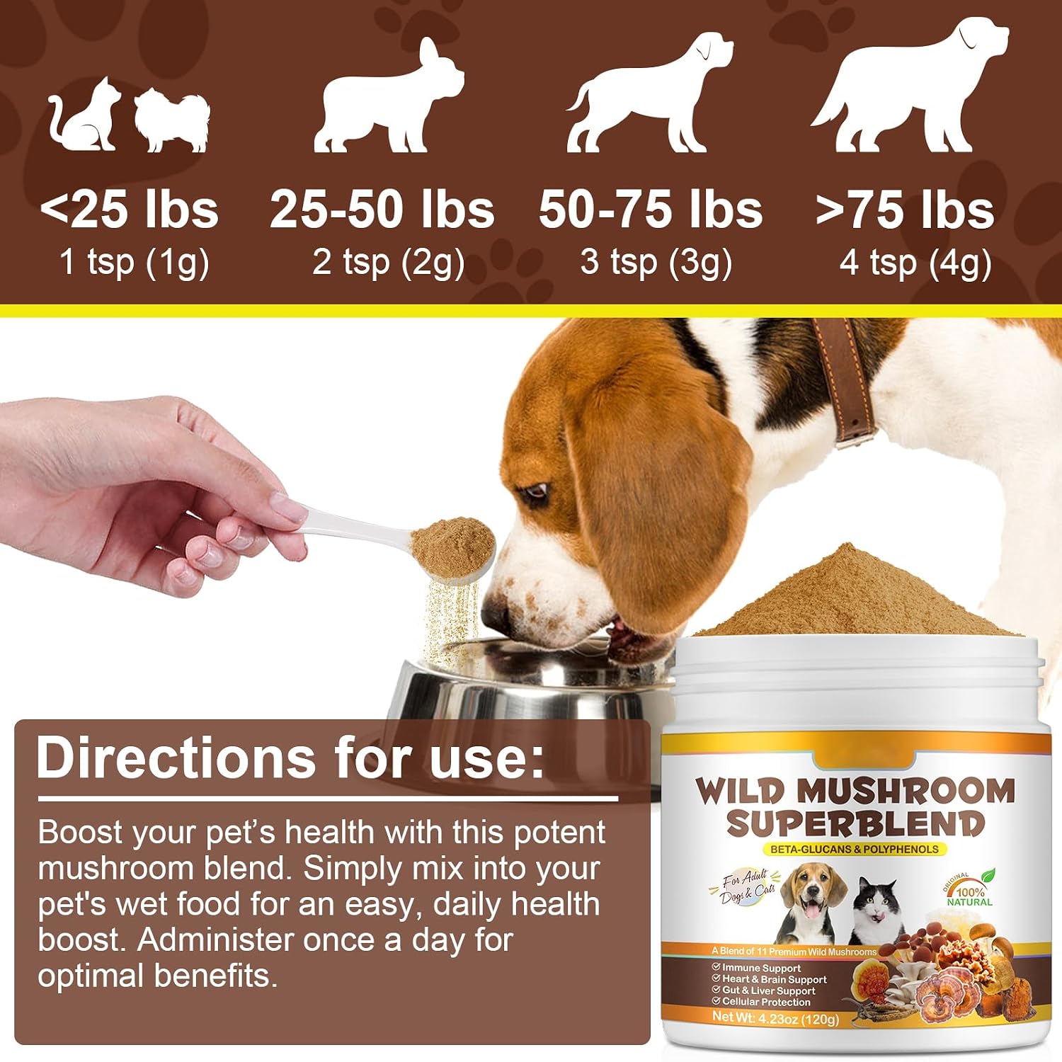 FANGCUN Polvo de Hongos para Perros y Gatos - Mezcla de 11 Setas, Sabor a Bacon, 120g