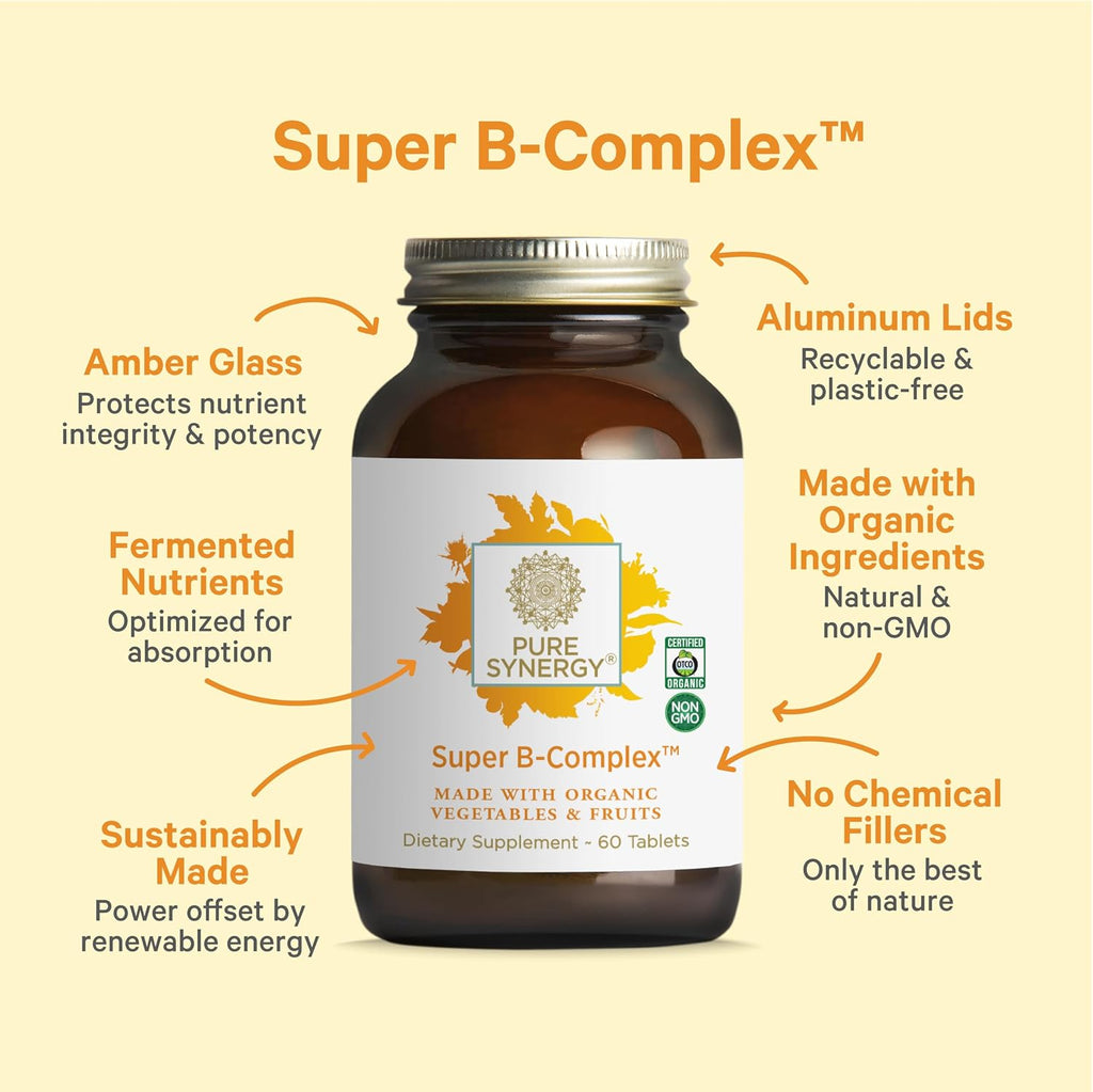 PURE SYNERGY Super B-Complex | Complejo de vitamina B elaborado con alimentos integrales ecológicos | Suplemento vegano con vitamina B12, niacina y folato naturales | para energía, concentración y estado de ánimo (60 comprimidos)