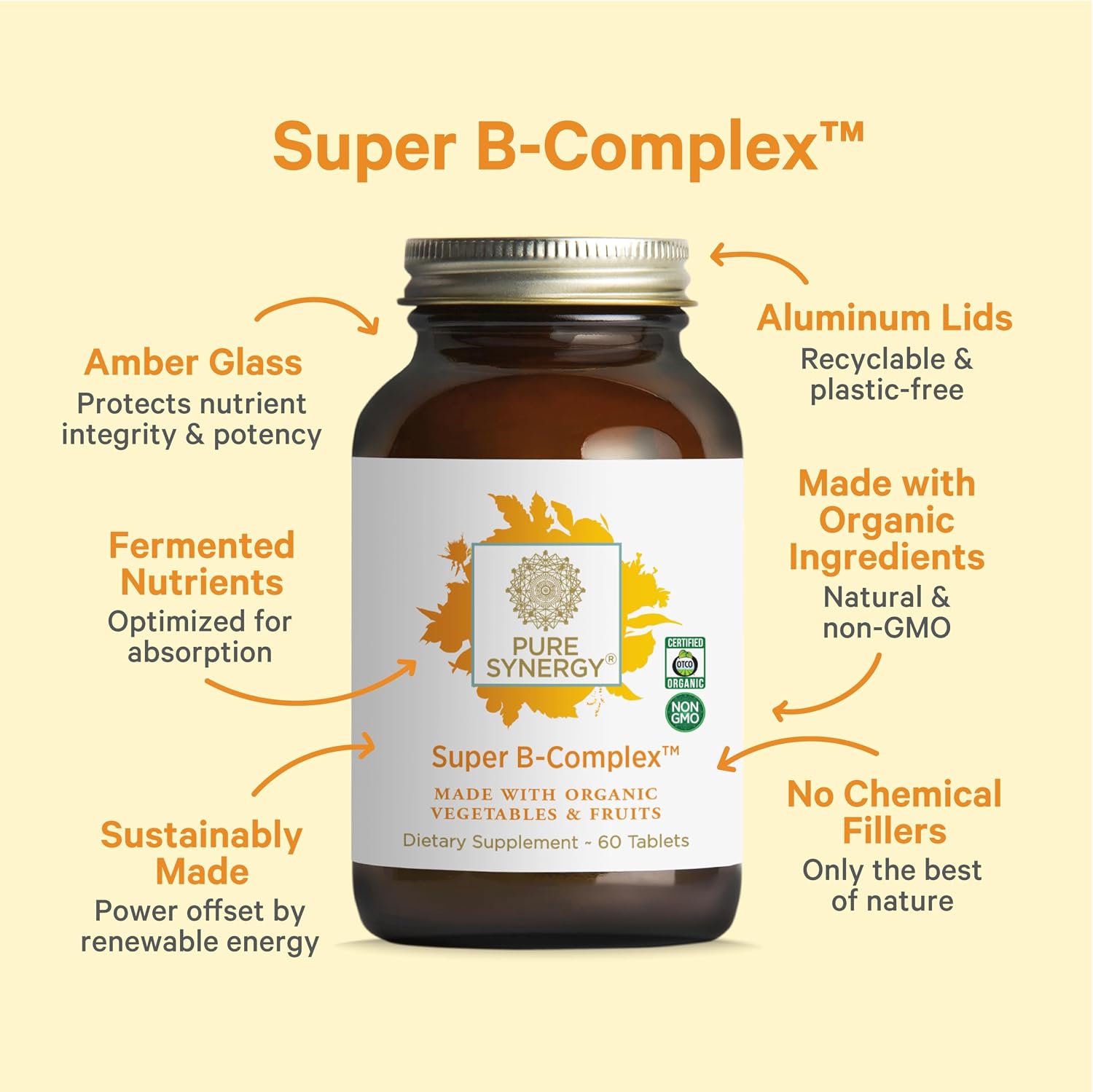 PURE SYNERGY Super B-Complex | Complejo de vitamina B elaborado con alimentos integrales ecológicos | Suplemento vegano con vitamina B12, niacina y folato naturales | para energía, concentración y estado de ánimo (60 comprimidos)
