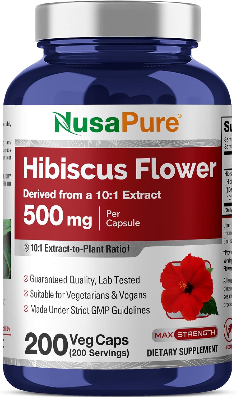 NusaPure Cápsulas de Flor de Hibisco, 500 mg, 200 Cápsulas Vegetales (No GMO, Vegano)