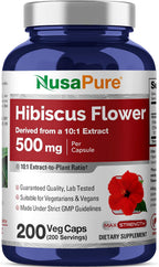 NusaPure Cápsulas de Flor de Hibisco, 500 mg, 200 Cápsulas Vegetales (No GMO, Vegano)