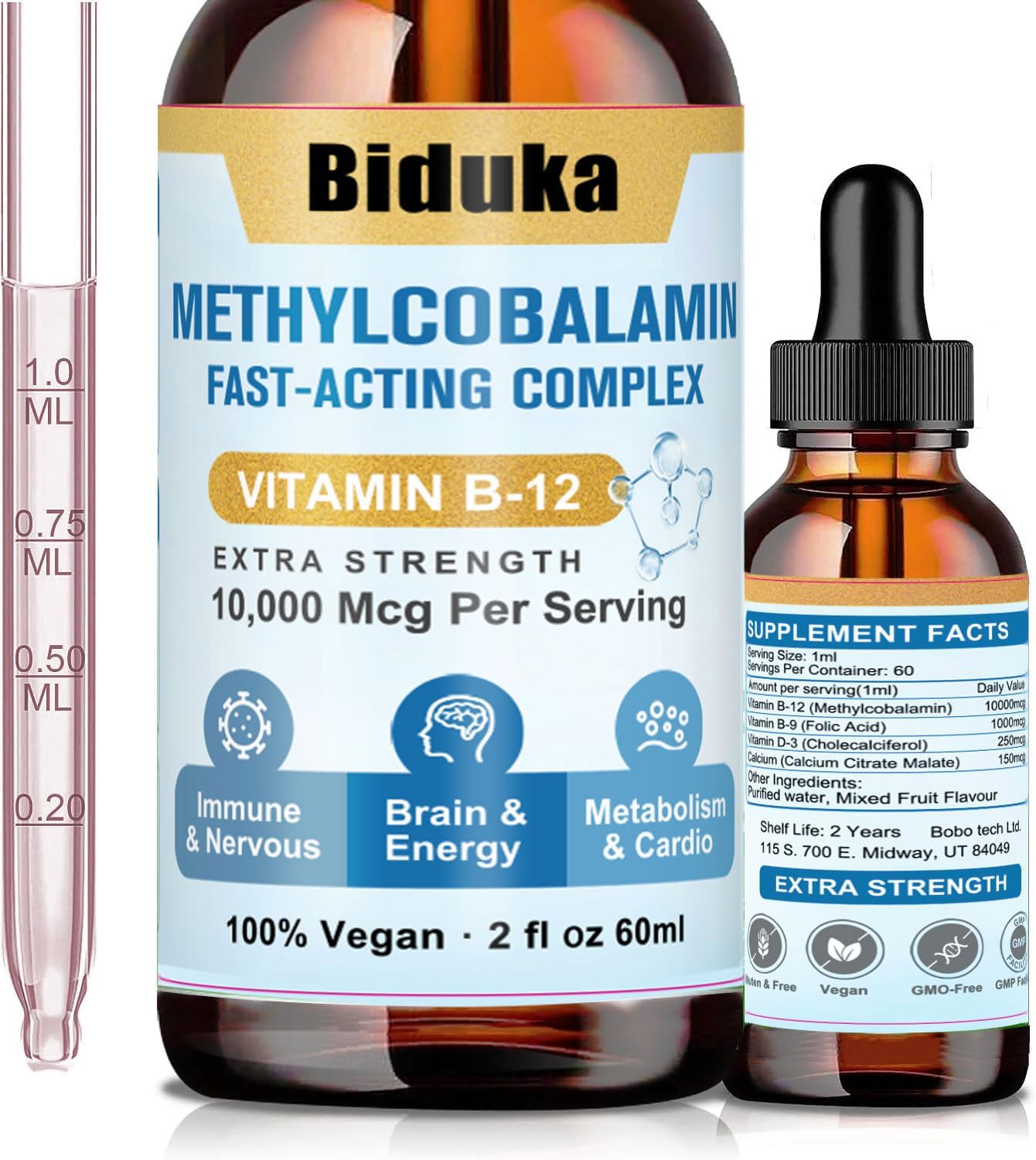 Biduka Gotas Sublinguales de Vitamina B12 10.000 mcg - Fórmula única con D3, B9 y Calcio - Vegano, No Transgénico, Sin Gluten