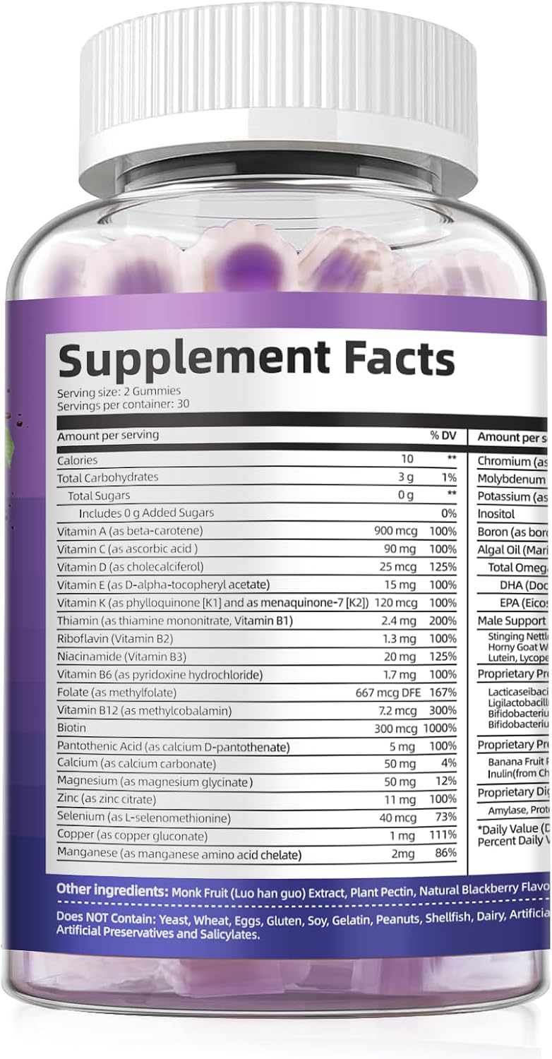 Multivitamínico para Hombres con Omega-3 y Probióticos - Gominolas sin Azúcar, Sabor Mora